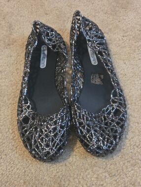 Black and Silver Glitter Lattice Ballet Flats for Women